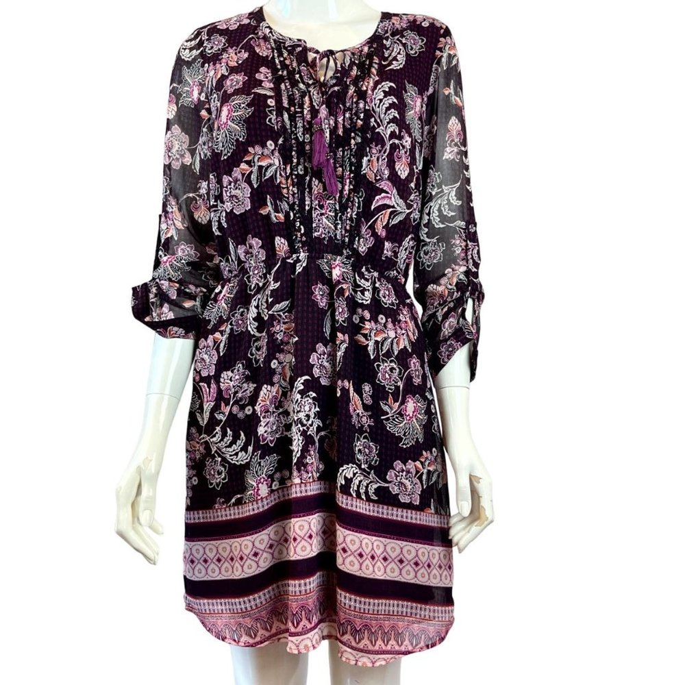 Daniel Rainn Women Floral Sheath Midi Dress Pleated Front Tie Purple Black Small